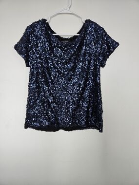 White House Black Market Navy Blue Sequin Short Sleeve Top M